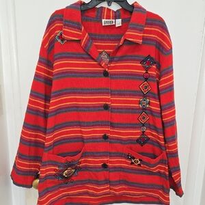 Chico's Design Vintage Multicolor Striped Shacket  Southwestern Embroidery